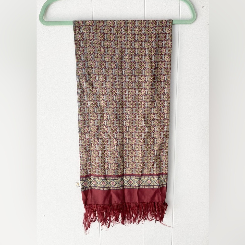 VTG 100% Silk Scarf Burgundy Yellow Pink Geo Rectangle Tassel Fringe 25” X 11 - Picture 6 of 12